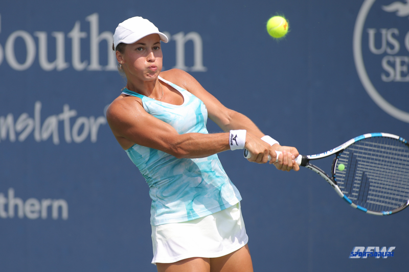 CINCINNATI, OH - AUGUST 16: Yulia Putintseva (KAZ) hits a backhand during the Western & Southern Open at the Lindner Family Tennis Center in Mason, Ohio on August 16, 2017.(Photo by George Walker/Icon Sportswire)