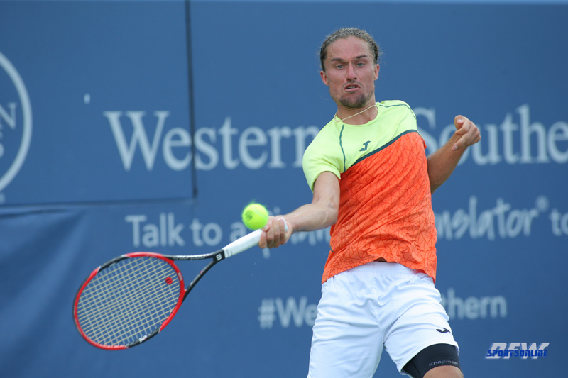 CINCINNATI, OH - AUGUST 16: Alexandr Dolgopolov (UKR) hits a forehand during the Western & Southern Open at the Lindner Family Tennis Center in Mason, Ohio on August 16, 2017.(Photo by George Walker/Icon Sportswire)