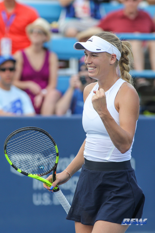 CINCINNATI, OH - AUGUST 16: Caroline Wozniacki (DEN) reacts to a point during the Western & Southern Open at the Lindner Family Tennis Center in Mason, Ohio on August 16, 2017.(Photo by George Walker/Icon Sportswire)