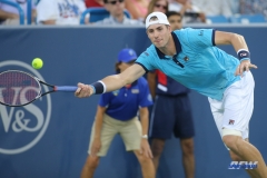 CINCINNATI, OH - John Isner (USA) stretches for a forehand during the Western & Southern Open at the Lindner Family Tennis Center in Mason, Ohio on August 13, 2017, (Photo by George Walker/DFWsportsonline