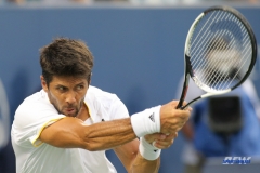 CINCINNATI, OH - AUGUST 14: Fernando Verdasco (ESP) hits a backhand during the Western & Southern Open at the Lindner Family Tennis Center in Mason, Ohio on August 14, 2017. (Photo by George Walker/Icon Sportswire)