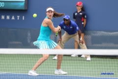 CINCINNATI, OH - AUGUST 14: Johanna Konta (GBR) hits a backhand during the Western & Southern Open at the Lindner Family Tennis Center in Mason, Ohio on August 14, 2017. (Photo by George Walker/Icon Sportswire)