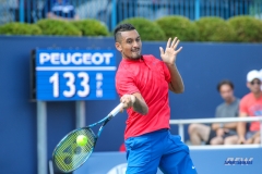 CINCINNATI, OH - AUGUST 15: Nick Kyrgios (AUS) hits a forehand during the Western & Southern Open at the Lindner Family Tennis Center in Mason, Ohio on August 14, 2017. (Photo by George Walker/Icon Sportswire)