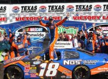 Kyle Busch celebrates in Victory Lane after winning the NASCAR Nationwide Series O’Reilly 300 at Texas Motor Speedway. Photo by George Walker.