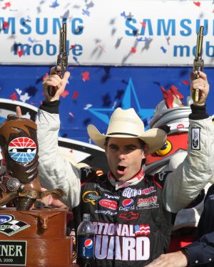 Jeff Gordon celebrates in Victory Lane after winning the Samsung 500 at Texas Motor Speedway. Photo by George Walker