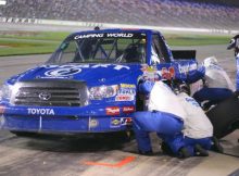 Todd Bodine makes a pit stop during the NCWTS Winstar World Casino 400 at Texas Motor Speedway. Photo by George Walker.