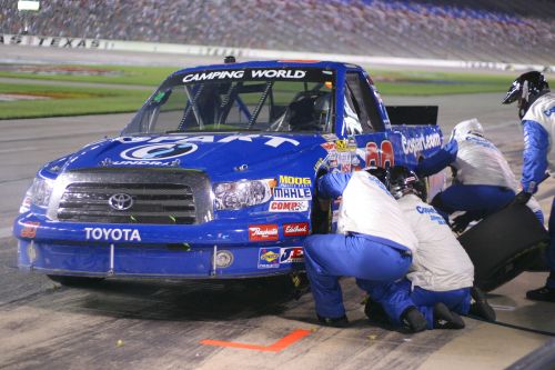 Todd Bodine makes a pit stop during the NCWTS Winstar World Casino 400 at Texas Motor Speedway. Photo by George Walker.