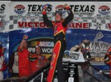 Kyle Busch celebrates his victory in the NASCAR Camping World Truck Series Winstar World Casino 350k at Texas Motor Speedway. Photo by George Walker.