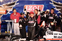 Ryan Briscoe celebrates in Victory Lane after winning the Firestone 550k. Photo by George Walker.
