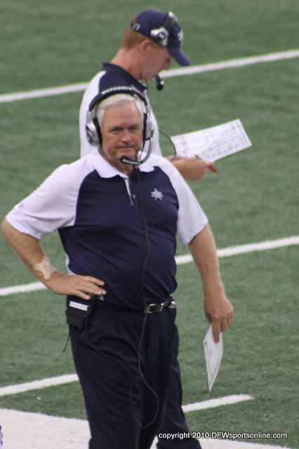 Wade Phillips in his final home game as head coach of the Dallas Cowboys, with Jason Garrett in the background. Photo by George Walker.