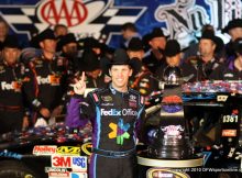 Denny Hamlin celebrates in Victory Lane after winning the AAA Texas 500 at Texas Motor Speedway. Photo by George Walker.