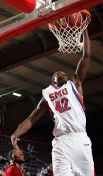 Papa Dia blocked four shots to pass 100 for his career at 102. Courtesy SMU
