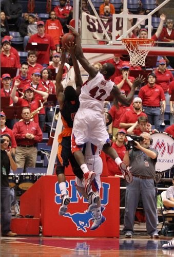 SMU's Papa Dia blocks a shot against UTEP. Photo by George Walker