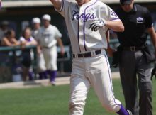Jantzen Witte crosses home plate after hitting a solo home run in the first inning to give TCU an early lead. Photo by George Walker