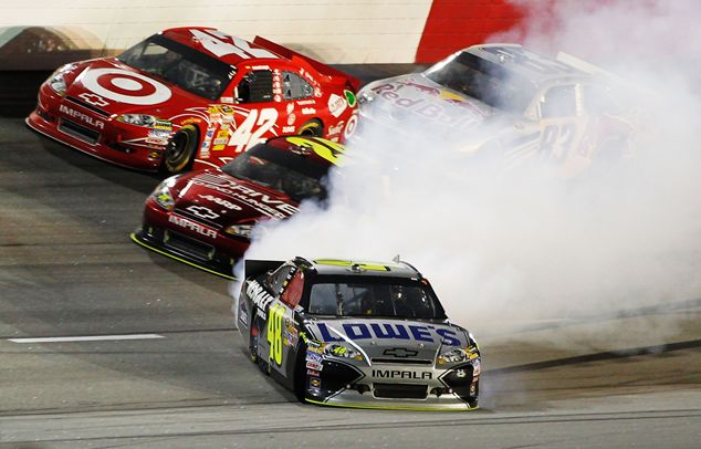 Jimmie Johnson spins at Darlington Raceway. Jimmie Johnson battled a loose race car all night spinning twice during the Showtime Southern 500. Credit: Geoff Burke/Getty Images for NASCAR