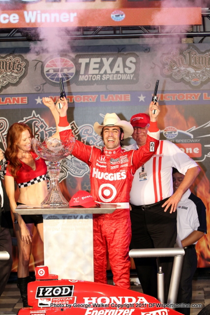 Dario Franchitti celebrates winning Race 1 of the Firestone Twin 275s at Texas Motor Speedway. Photo by George Walker for DFWsportsonline.com