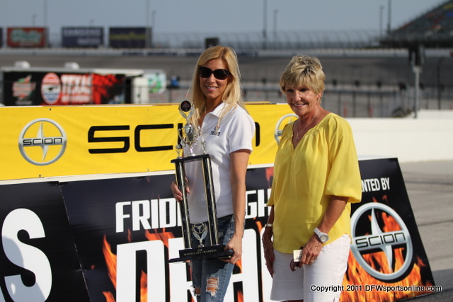 Mayor Beth Van Duyne of Irving and Mayor-elect Betsy Price of Fort Worth race at Texas Motor Speedway. Photo by George Walker for DFWsportsonline