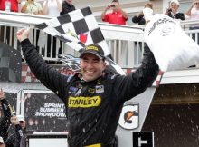 Marcos Ambrose, driver of the No. 9 Stanley Ford, celebrates in Victory Lane after winning the NASCAR Sprint Cup Series Heluva Good! Sour Cream Dips at the Glen at Watkins Glen International on Aug. 15 in Watkins Glen, N.Y. Credit: Jerry Markland/Getty Images for NASCAR