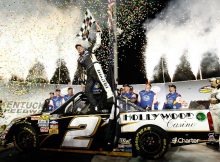 Credit: Jonathan Ferrey/Getty Images for NASCAR Ron Hornaday Jr. celebrates his 50th NASCAR Camping World Truck Series victory after winning the Kentucky 225 on Saturday at Kentucky Speedway in Sparta, Ky.