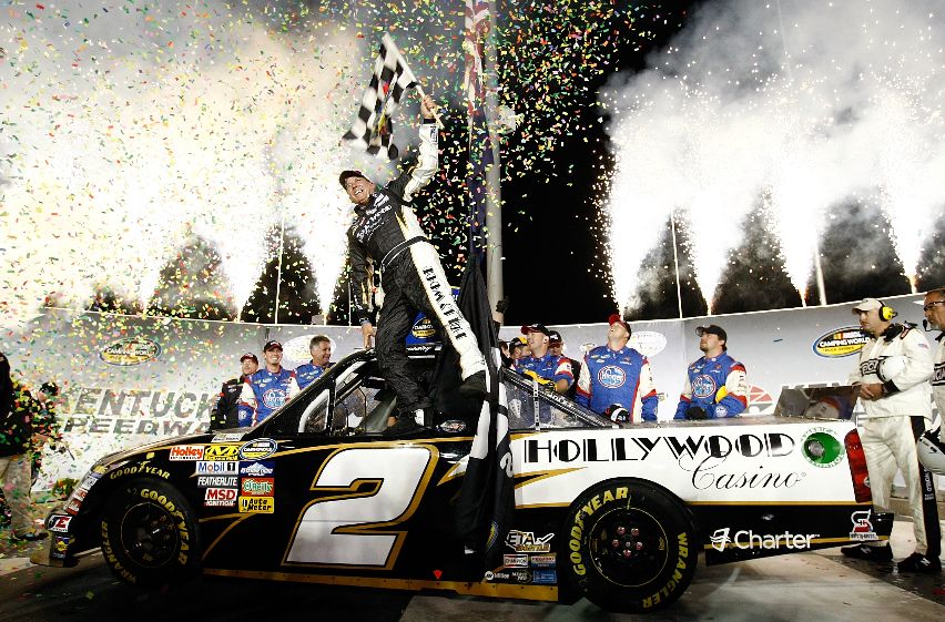 Credit: Jonathan Ferrey/Getty Images for NASCAR Ron Hornaday Jr. celebrates his 50th NASCAR Camping World Truck Series victory after winning the Kentucky 225 on Saturday at Kentucky Speedway in Sparta, Ky.