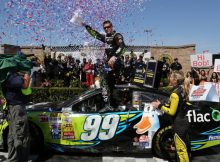 SONOMA, CA - JUNE 22: Carl Edwards, driver of the #99 Aflac Ford, celebrates i Victory Lane after winning the NASCAR Sprint Cup Series Toyota/Save Mart 350 at Sonoma Raceway on June 22, 2014 in Sonoma, California. (Photo by Jerry Markland/Getty Images)